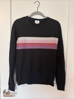 Sundry Black Crewneck light weight Sweater with Cream, Pink and Purple Stripes